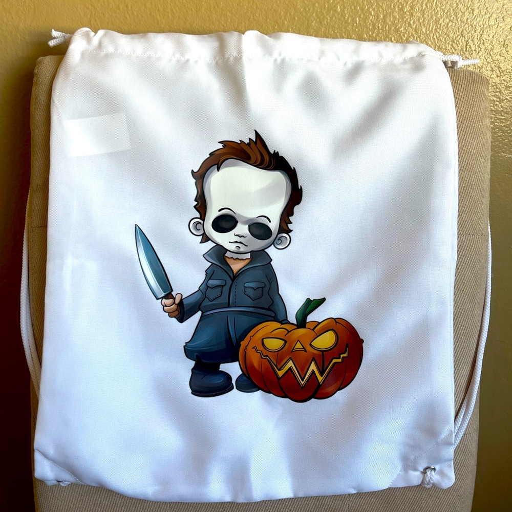 Horror Halloween White Drawstring Backpack Michael Myers 13.5 x 17 NEW